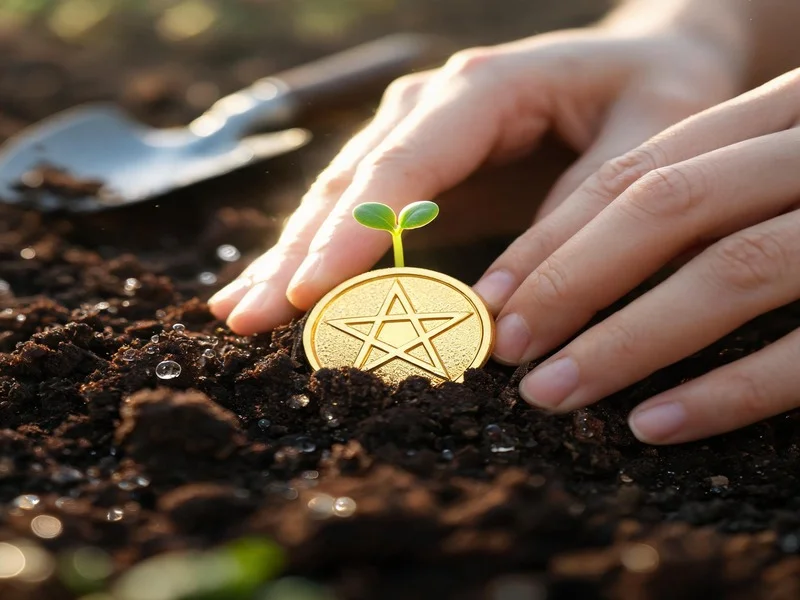 Hands planting a glowing pentacle coin in soil with a sprout growing from it