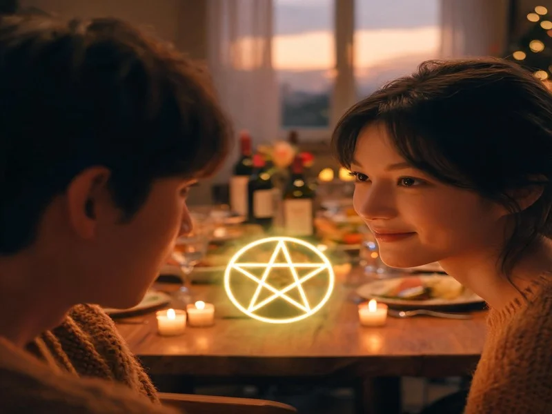 Two people sharing a look across a candlelit dinner table with a glowing pentacle