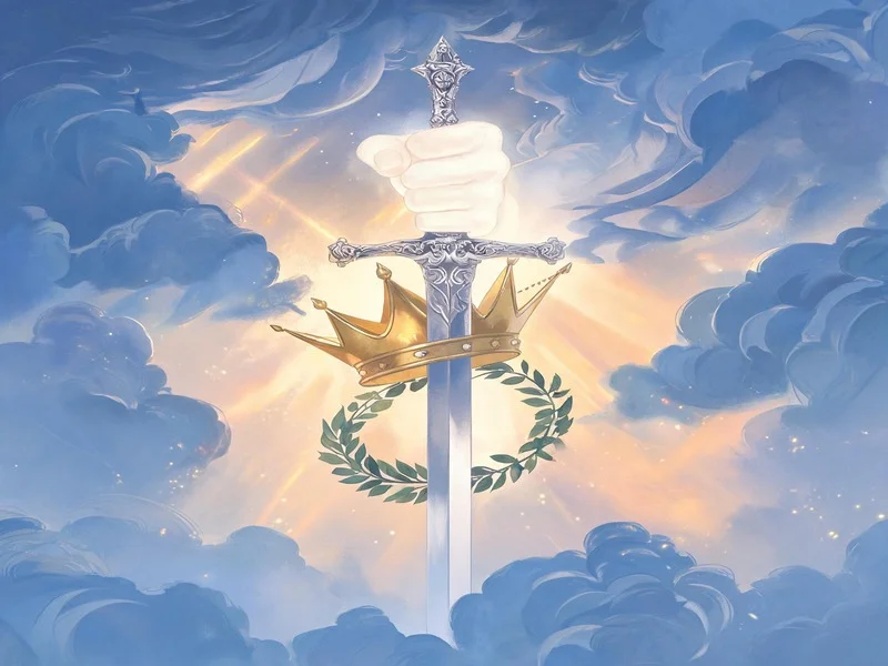 Ethereal hand holds a sword piercing a crown among clouds.