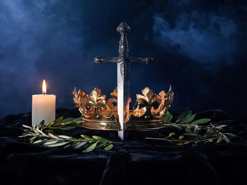 Sword piercing a gold crown on dark velvet with laurel and olive branches.