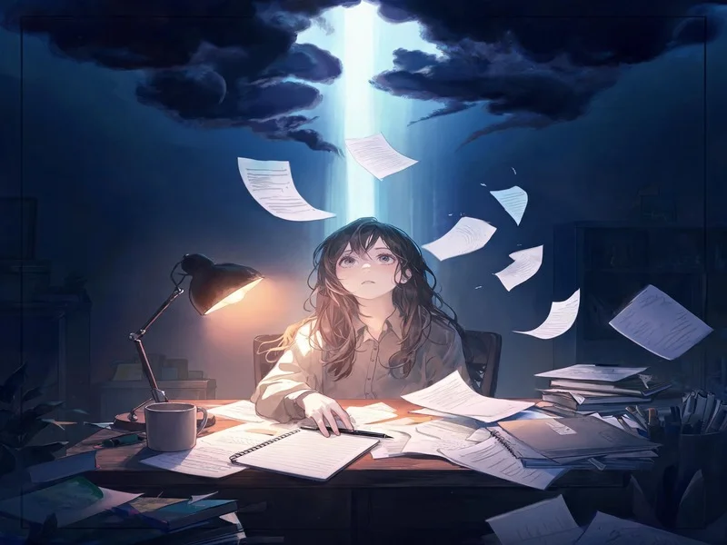 Woman at a desk as a shaft of light cuts through a cloud and papers swirl upward.