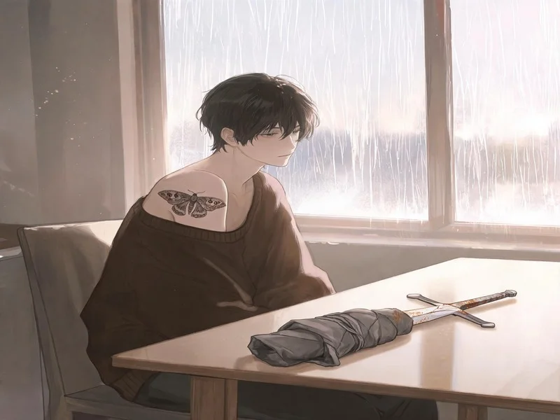 Young man with moth tattoo sitting beside a wrapped, dulled sword in soft morning light.