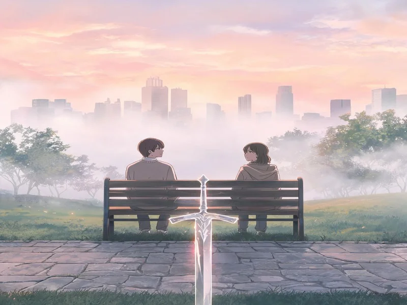 Couple on a park bench at dawn with a translucent sword standing on the path before a city skyline.