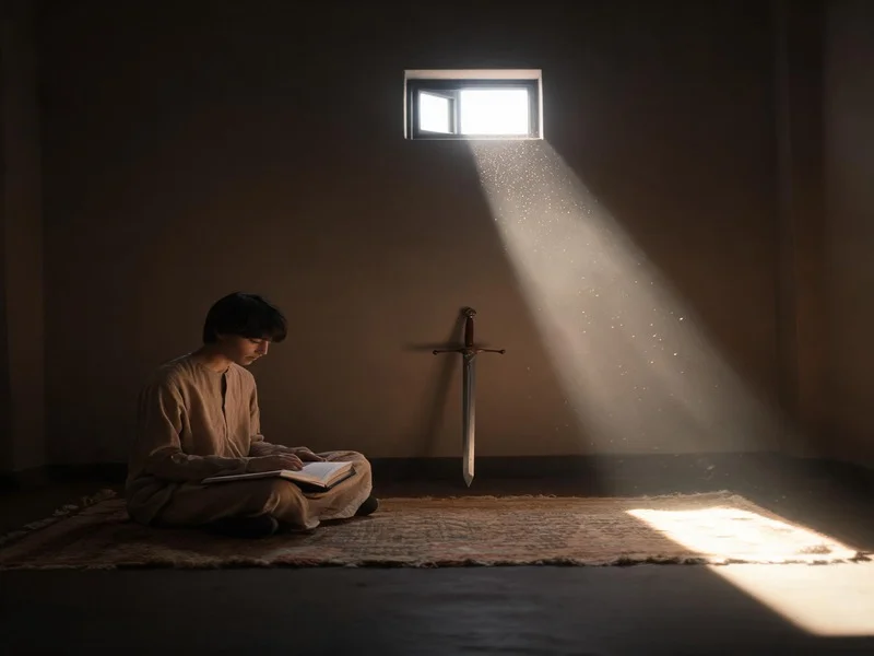 Person meditating with a journal as a beam of moonlight divides the room like a blade.