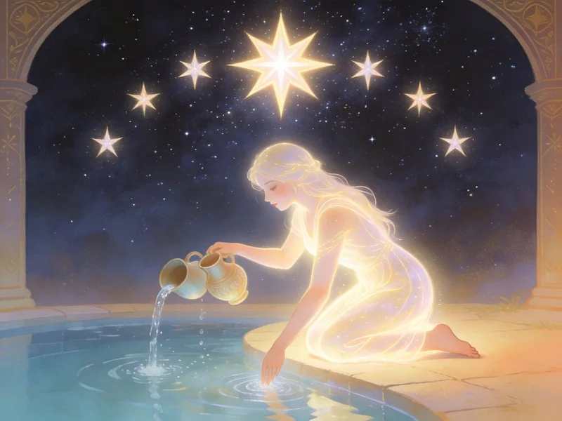 Illustration of The Star tarot card: a glowing woman pours water into a pool under a bright starry night, symbolizing hope and renewal.