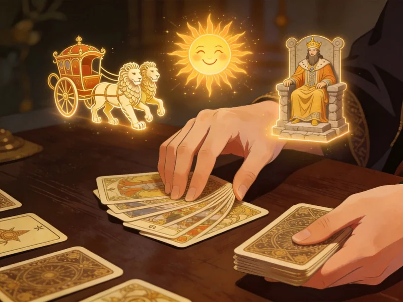 Mystical tarot reading with Major Arcana symbols like The Chariot and The Sun floating above the cards, representing archetypal energy.