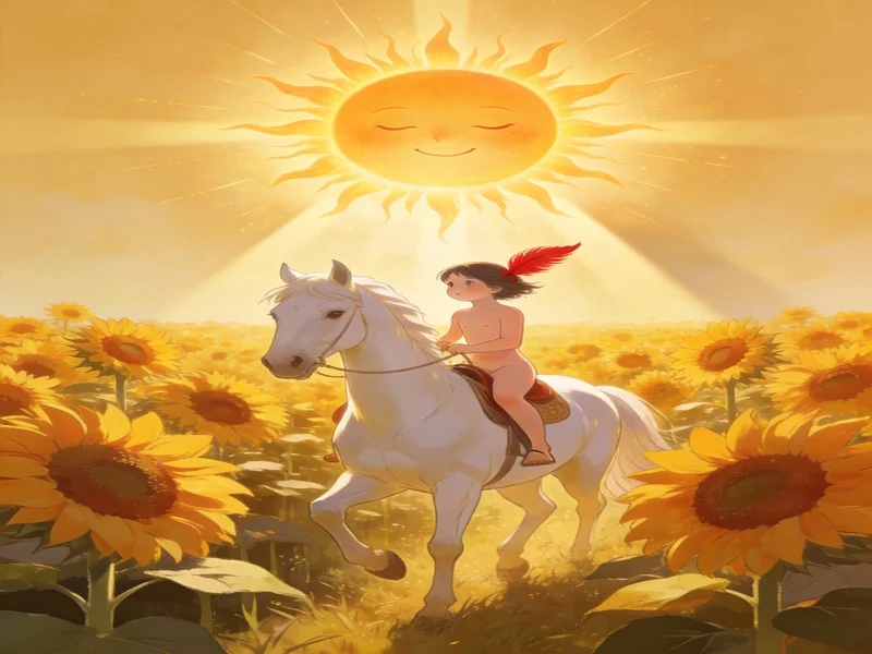 The Sun tarot card illustration showing a child on a white horse under a smiling sun, surrounded by sunflowers, symbolizing victory and joy.