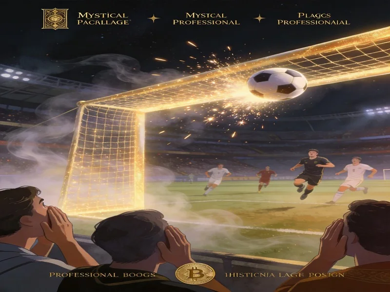 Football ball hitting the goalpost in a stadium, capturing the suspense and unpredictability of the game, with a mystical atmosphere.