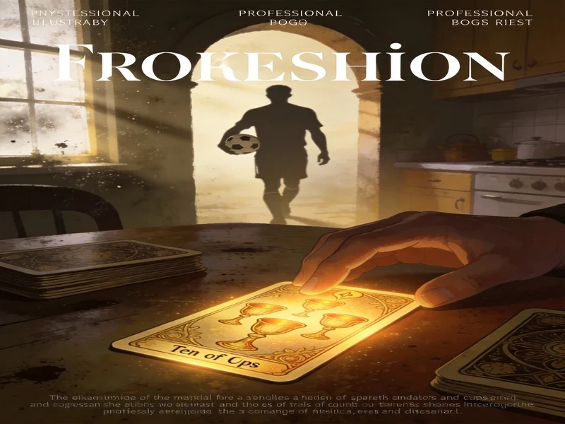 A tarot reading scene with the Ten of Cups card illuminated, symbolizing emotional fulfillment and legacy, with a shadowy figure of a footballer evoking Messi's symbolic weight.