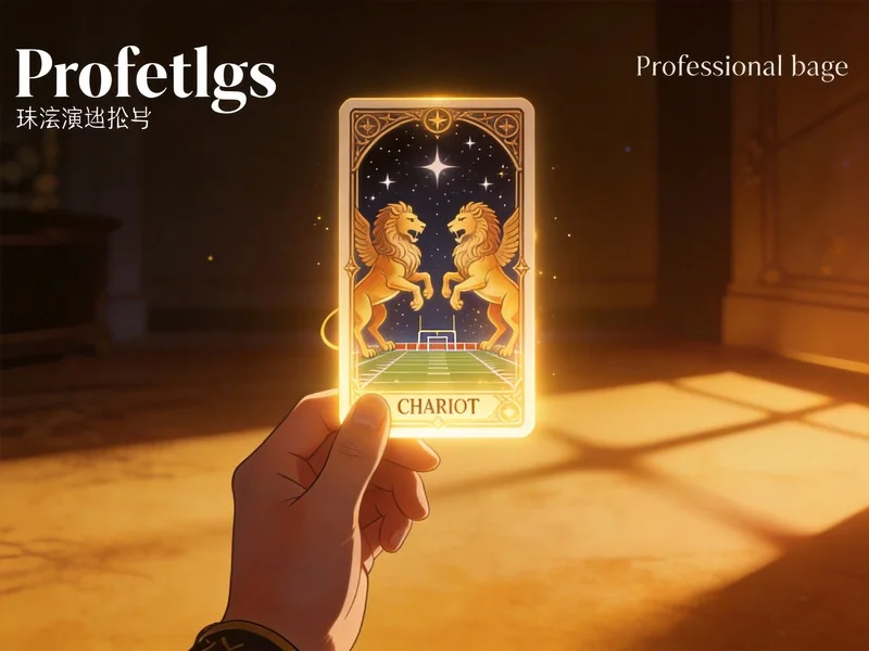 Hand holding the Chariot tarot card, symbolizing willpower and victory, with a visionary football field in the background, representing the Argentina vs France final.