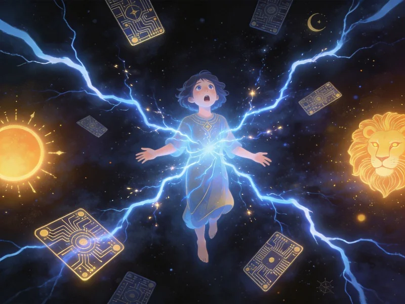 A person floating in space, surrounded by snapping electric threads and lightning, symbolizing sudden cosmic disruption.