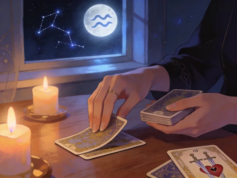 Hands shuffling tarot cards under moonlight, with zodiac constellations glowing faintly above, symbolizing a personalized horoscope reading.
