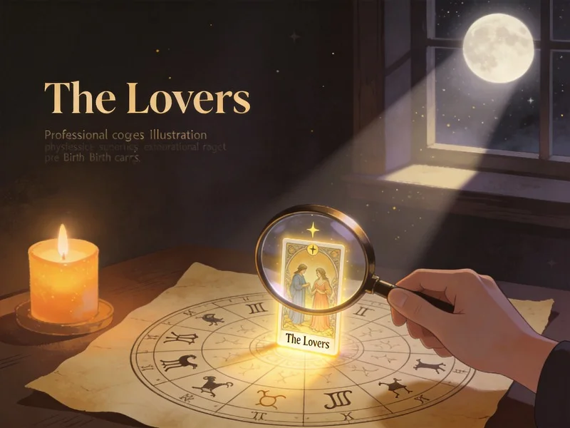 A hand with a magnifying glass inspecting a birth chart wheel, with a moonbeam highlighting a tarot card on a specific house.