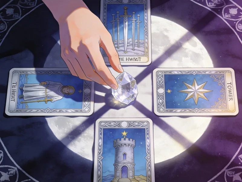 Four tarot cards arranged in a cross pattern on a cloth, with moonlight and a crystal, symbolizing a mind-unsticking spread.