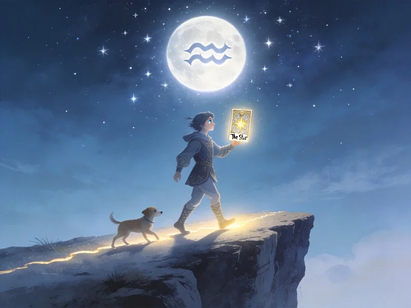 The Fool stepping off a cliff under a full moon, holding a glowing Star tarot card, symbolizing unbothered hope.
