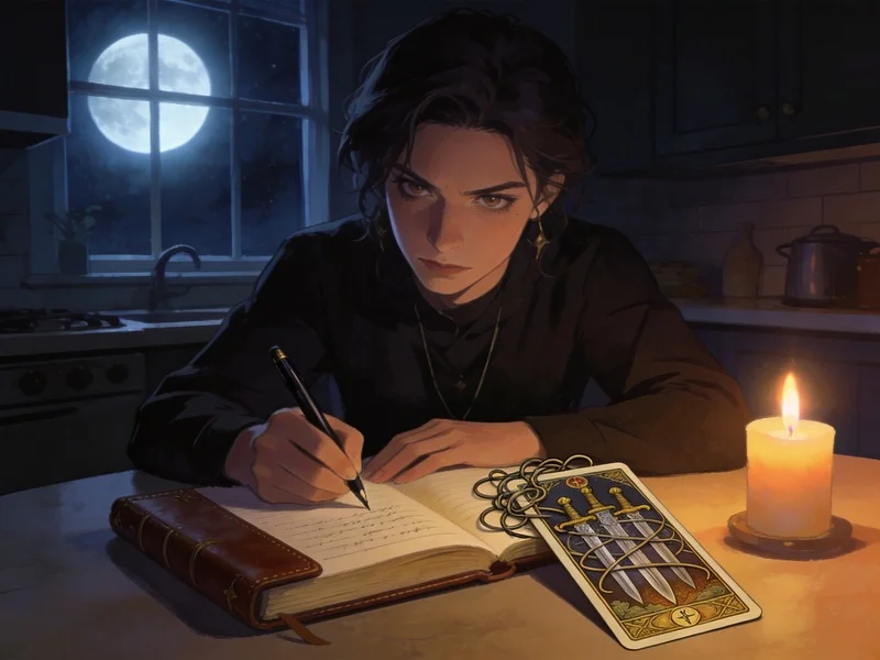 A person writing in a notebook by candlelight, with the Eight of Swords reversed tarot card, symbolizing release and future-self guidance.