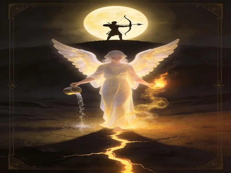 An angel representing Temperance blends fire and water under a Sagittarius full moon, illustrating the tension between spoken beliefs and inner knowing.