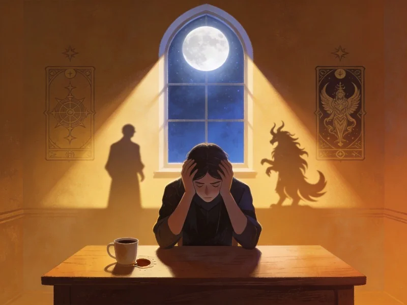 A person confronted by their inner truth under a Sagittarius full moon, as moonlight exposes a dual shadow.