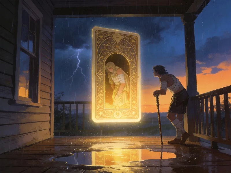 The Nine of Wands tarot card representing resilience and exhaustion after a storm, pulled during a Sagittarius full moon.