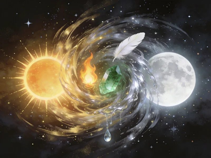 The four elements caught in the tension between the Gemini Sun and Sagittarius full moon, illustrating astrological chaos.
