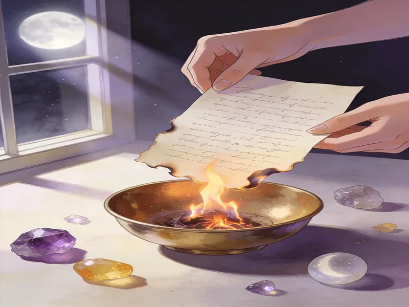 A releasing ritual during the Sagittarius full moon: burning a limiting belief with crystals as witnesses.