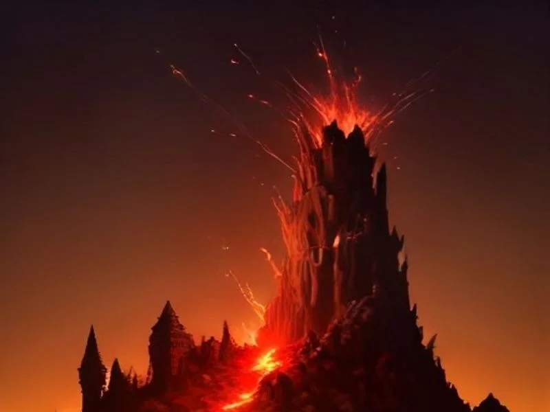 Crowned King of Wands enthroned on a desert ridge at dusk, embers spiraling upward from his blazing wand.
