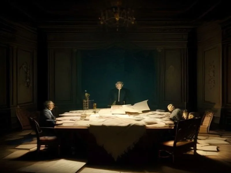 A calm leader stands over a table of torn maps, speaking while three advisors lean in by candlelight.
