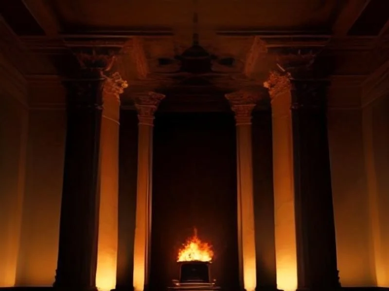 A towering flaming figure gestures in a smoke-filled throne room while smaller silhouettes cower and turn away.