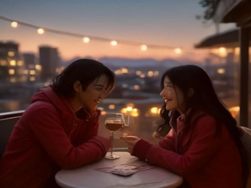 A couple on a rooftop terrace at sunset, one unrolling a travel map while the other laughs, wands glowing at the railing.