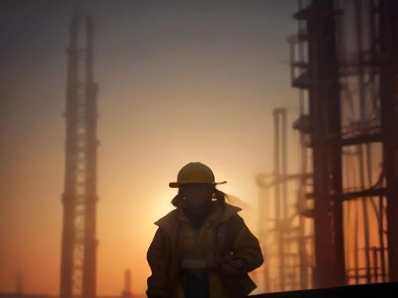 A woman in a hard hat on scaffolding at sunrise unrolls blueprints while a fiery wand-shaped glow rises behind her.