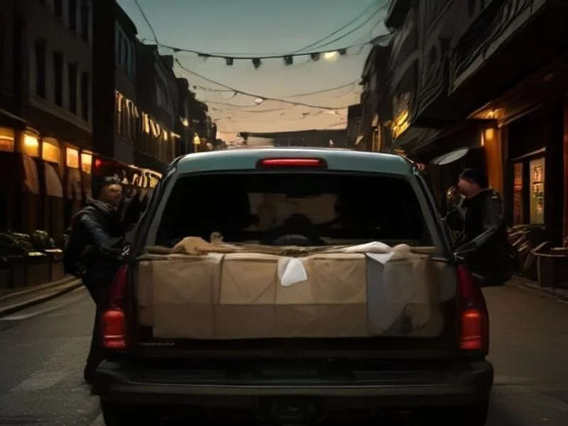 A laughing man in a leather jacket hauls boxes from a pickup truck at dusk while a friend helps.
