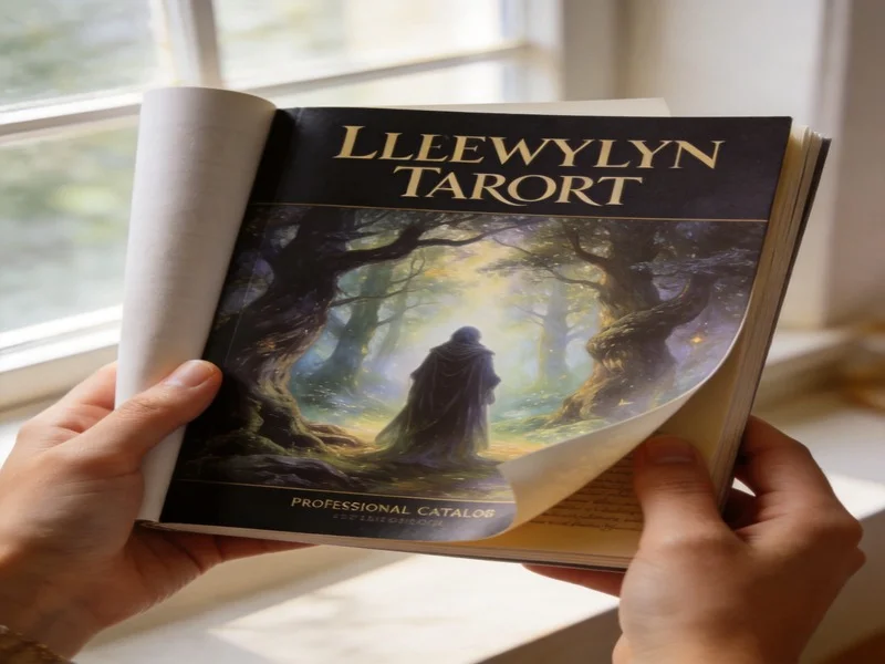 A pair of hands gently holding open a tarot catalog with a mystical forest cover in warm, soft light.