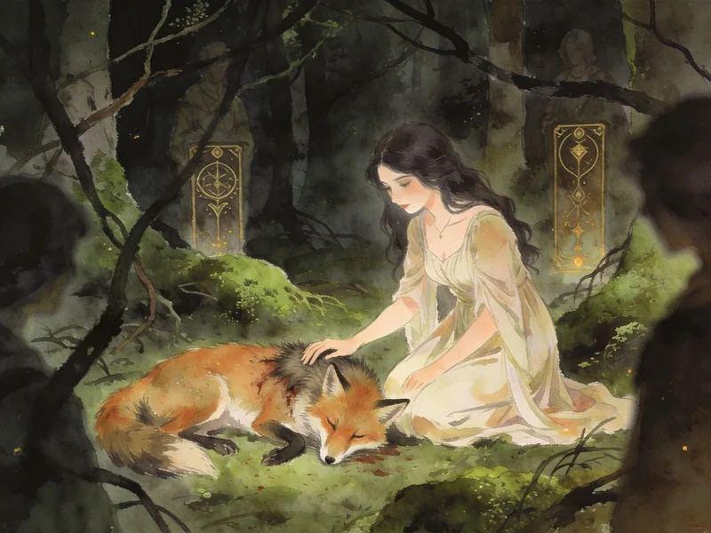 Woman kneeling in a shadowy, watercolor forest with a wounded fox, embodying the Strength card from The Liminal Woods Tarot.