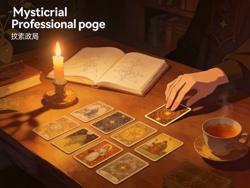 Tarot reading setup in a warm, shadowy room with a journal, candle, and a hand over a reversed card.