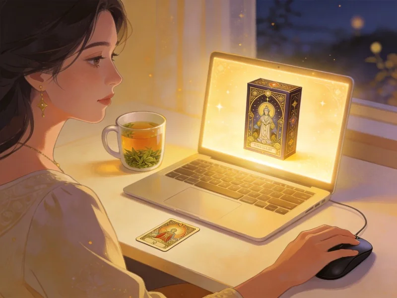 Woman calmly pre-ordering a tarot deck on her laptop in a cozy, warm-lit room.