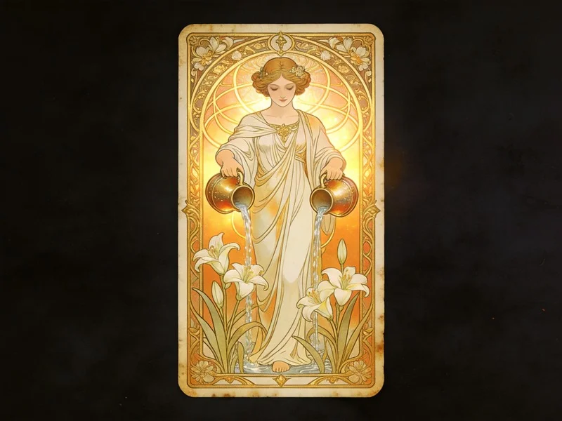 Art nouveau tarot card of The Star with a flowing-haired woman, gold details, and vintage patina.
