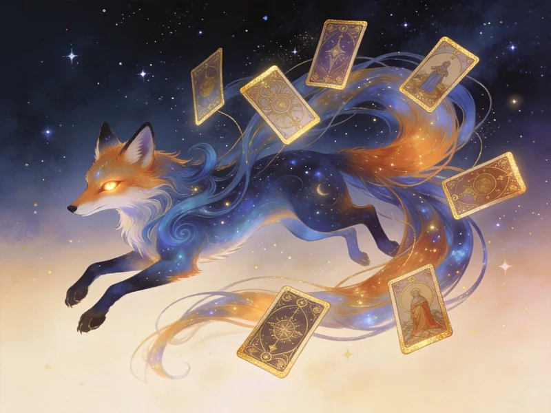 A cosmic fox with swirling indigo and orange fur leaps through space, tarot cards caught in its tails under a night sky.