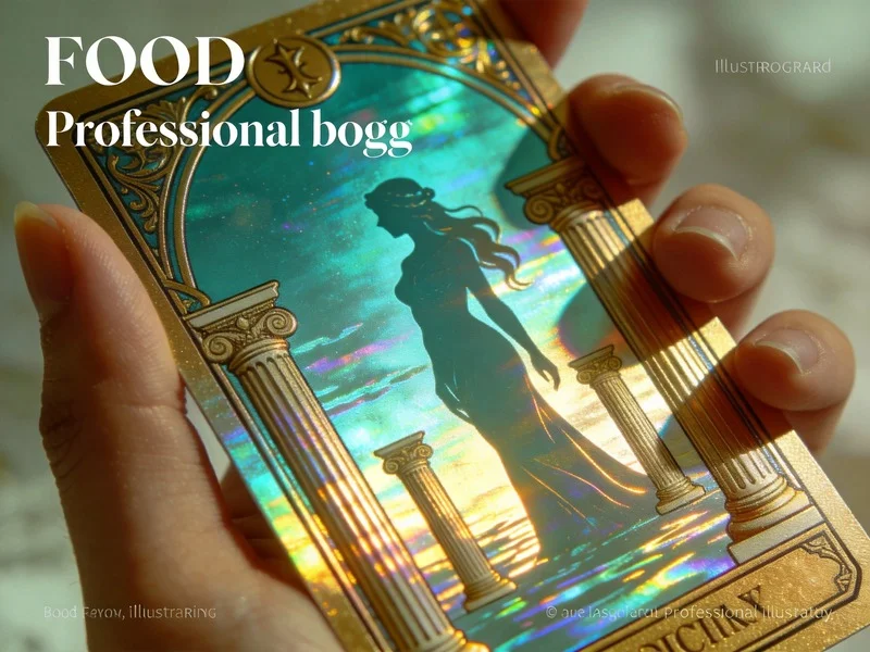 Close-up of a tarot card back with holographic foil reflecting ancient Greek columns and a goddess silhouette, held in a hand.