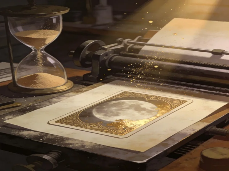 A dimly lit workshop with a half-finished tarot card under a press, gold dust floating, hourglass spilling sand.