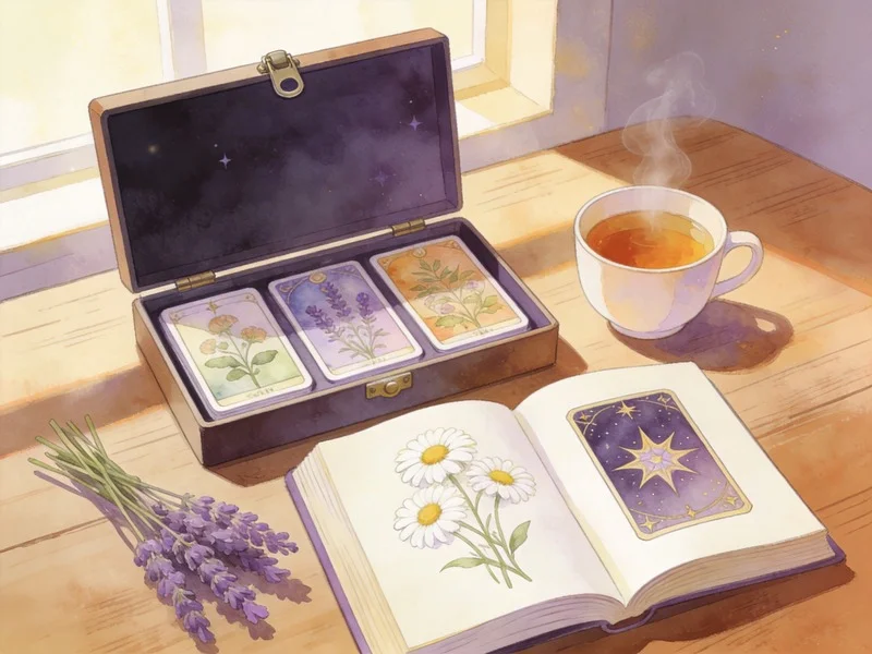Open wooden box with botanical tarot cards, a hardcover book showing chamomile illustrations, fresh lavender, and tea on a table.