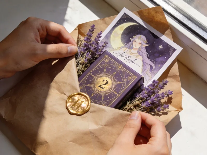 Hands open a parcel revealing a tarot deck in dried lavender, a signed art print, and soft window light.