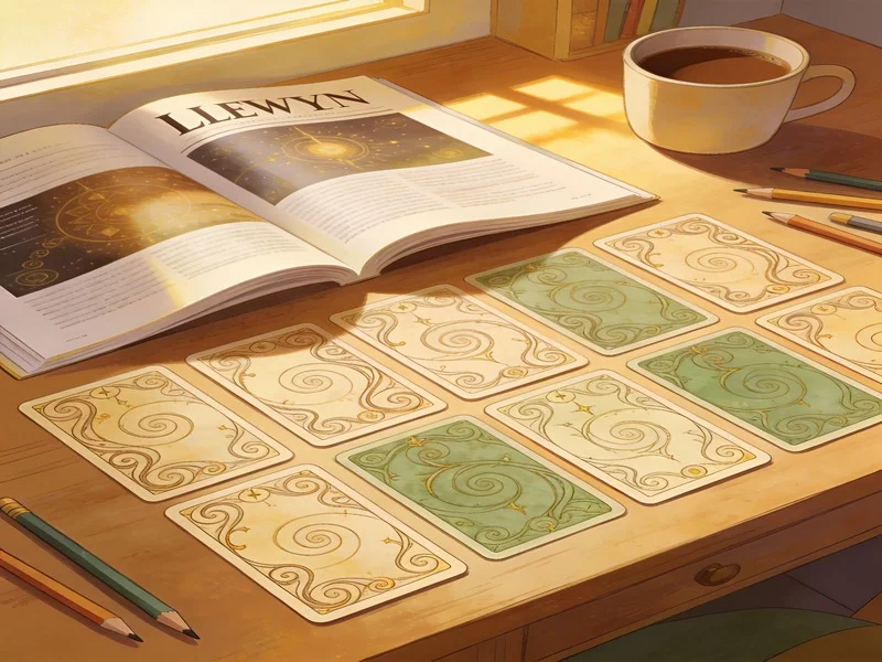 Open catalog and hand-drawn earth-toned tarot cards on a sunlit desk.