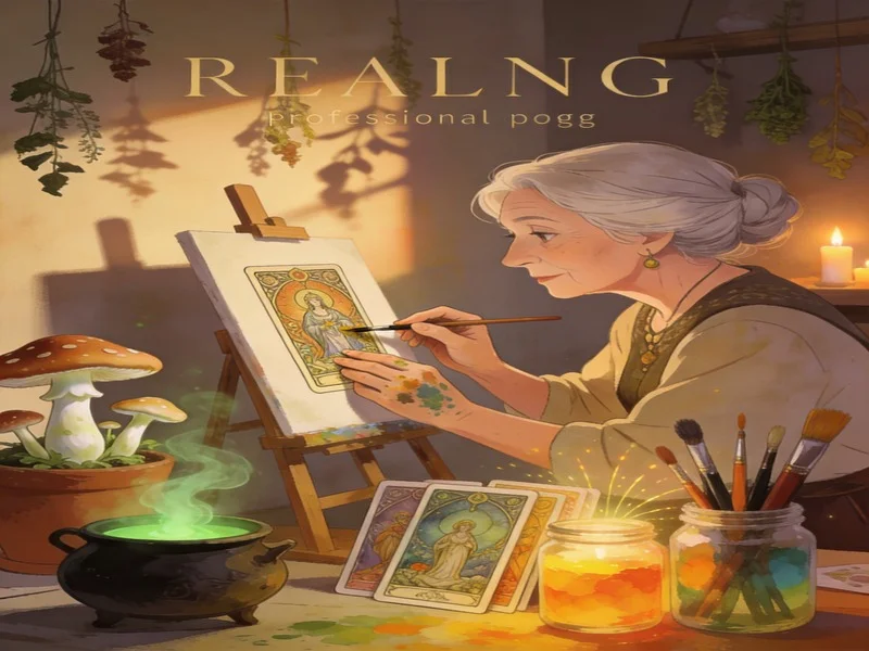 Elderly artist painting a tarot card in a candlelit studio with mushrooms and a cauldron.