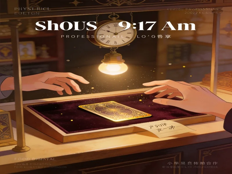 Clock at 9:17 above an empty display case with one gilded tarot card.
