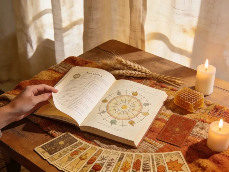 Open almanac with wheat sheaf and tarot cards on a candlelit autumn table.