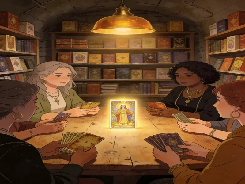 Diverse group of readers with tarot decks around a lamp-lit oak table.