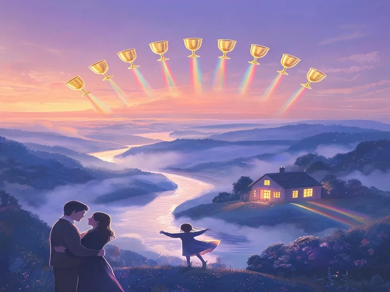 Tarot card scene of ten cups in rainbow arc over a family and house.