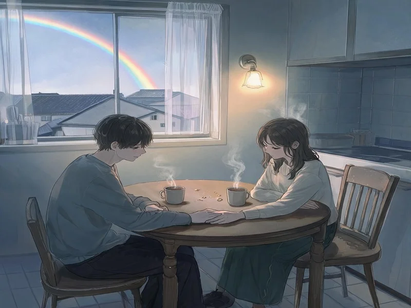 Tired couple sharing coffee at kitchen table, faint rainbow outside window.
