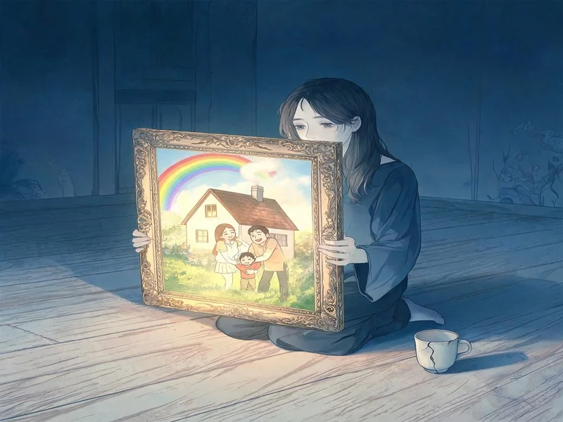 Woman holding a glowing ideal family scene in an empty, shadowed room.