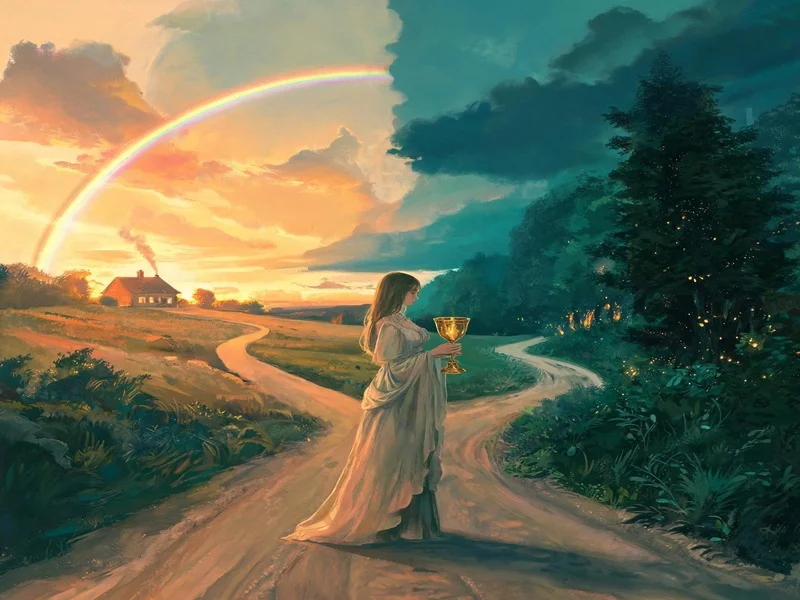 Woman at a crossroads between rainbow-lit cottage and dark forest.